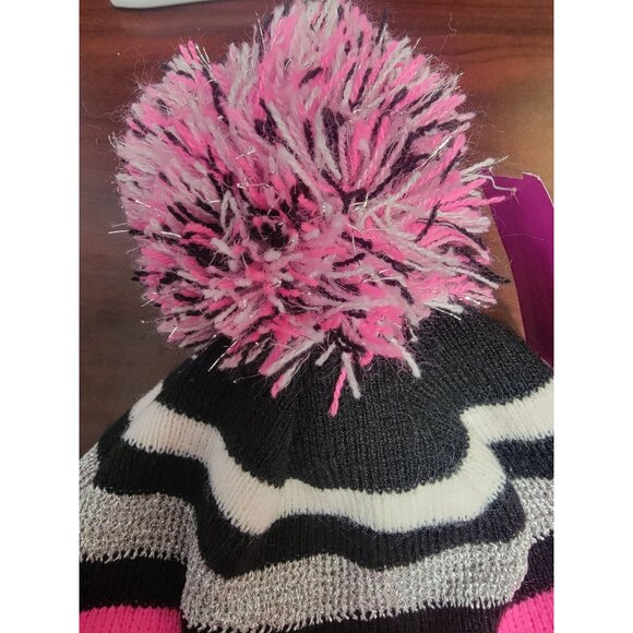 ZeroXposur Pink & Black Striped Pom-Pom Beanie One Size 100% Acrylic Winter Hat - Picture 3 of 7